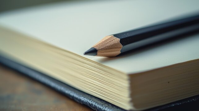 Close-Up of a Black Pencil on Blank Pages of an Open Notebook