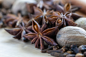 Flavorful Spices: Star Anise, Nutmeg, Clove, and Cinnamon Sticks