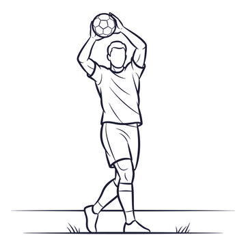 A line art illustration of a male soccer player performing a throw-in with a ball above his head on a field.