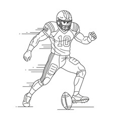 A black and white line drawing of an American football player in uniform kicking a football.