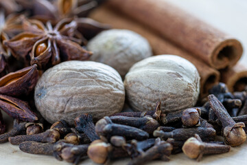 Spices Display: Star Anise, Nutmeg, Clove, and Cinnamon Sticks
