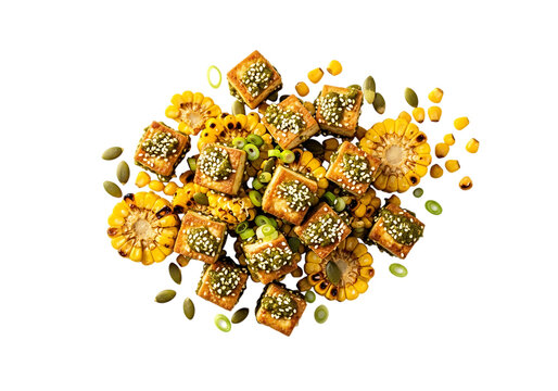 Grilled Tofu Cubes with Corn and Seeds kernels