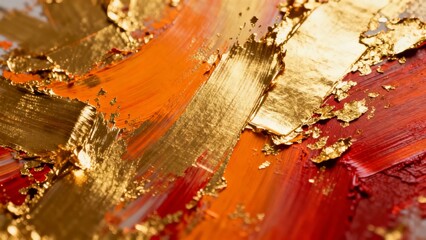 Abstract painting with gold leaf and vibrant red-orange brushstrokes