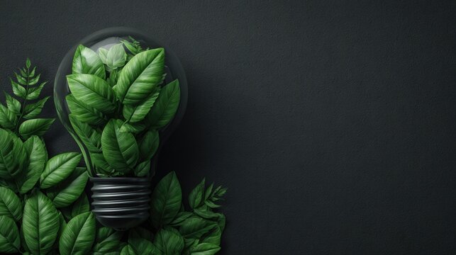 A light bulb filled with green leaves sits on dark textured background. Surrounding the bulb are more leaves, representing nature and eco-conscious living.