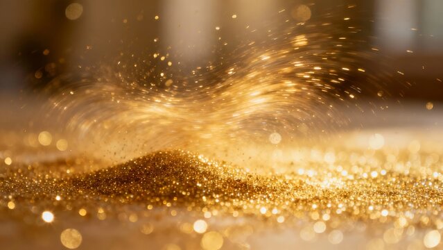 Golden glitter particles scattering in motion on a sparkling surface