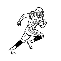 Black and white illustration of a football player running with the ball.