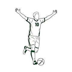 Line art illustration of a male soccer player celebrating a goal with arms raised and foot on a ball.