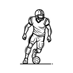 Black and white illustration of an American football player running with a soccer ball.
