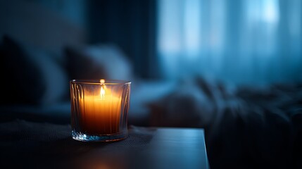 Cozy Burning Candle on a Nightstand in a Dark Bedroom / 暗い寝室のナイトスタンドで燃える心地よいキャンドル
