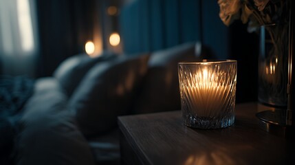 Lit Candle in a Decorative Glass on a Bedside Table at Night / 夜、ベッドサイドの装飾的なグラスで灯るキャンドル