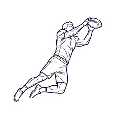 Dynamic line art illustration of an American football player leaping to catch a pass.