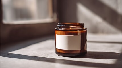 Amber Jar Candle with a Blank Label in Sunlight / 日光の中、空白ラベルが付いた琥珀色の瓶のキャンドル