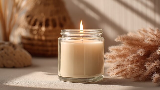 Burning Jar Candle with Rattan Decor in the Background / ラタンの装飾を背景にした燃えるジャーキャンドル