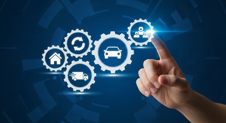 A human finger interacts with interconnected white gear icons representing a house recycling a car delivery truck and a group of people on a blue digital background technology innovation