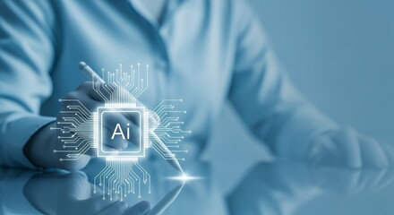 Person's hand using stylus to interact with glowing artificial intelligence circuit board graphic digital concept AI technology innovation future computer data network connection robot