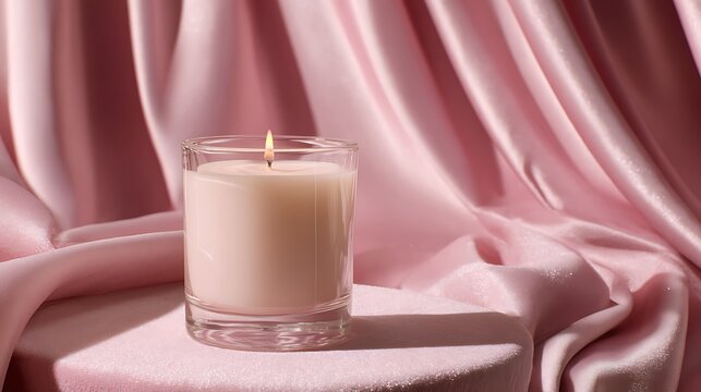 Pink Candle Burning in Front of a Pink Satin Background / ピンクのサテンを背景に燃えるピンクのキャンドル