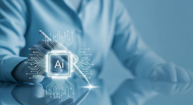 Person's hand using stylus to interact with glowing artificial intelligence circuit board graphic digital concept AI technology innovation future computer data network connection robot