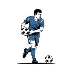 Vector illustration of a male soccer player in a blue uniform holding one ball with another at his feet.
