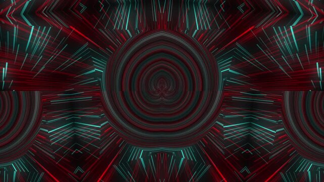 Dark abstract circular pulse with red and teal motion streaks creating a glowing ring effect.