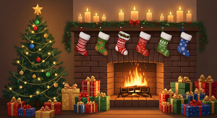 Magical snowy forest at night with softly glowing lanterns, tall pine trees, and gentle snowfall; serene and dreamy 2D landscape illustra