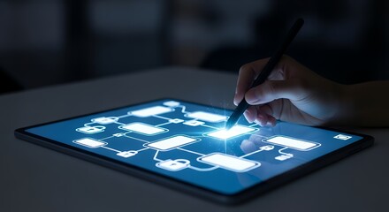 Hand using stylus on tablet displaying digital flowchart with connected nodes lock icons and bright glowing elements illustrating a concept of data flow and security technology network