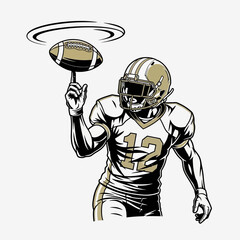 Illustration of a football player balancing the ball on his finger, wearing a helmet.