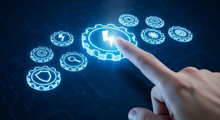 Human finger presses glowing blue gear icon with lightning bolt symbol surrounded by other gear icons representing search shield and data processing on a digital circuit board technology