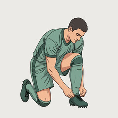A soccer player kneels, tying his shoe, preparing for the game on the field.