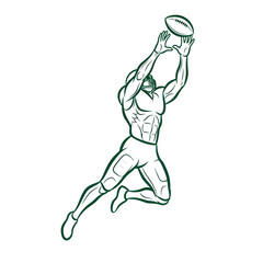 Illustration of a muscular football player catching a football in mid-air.
