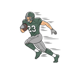 Illustration of a football player in a green uniform running with the ball, showing motion.