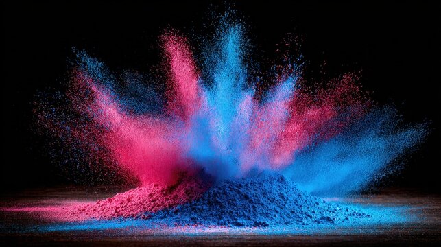 Pink and blue powder bursts in a dynamic display, creating a colorful cloud against a dark background. The particles scatter in various directions, showcasing the vibrant hues.