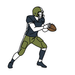 Illustration of an American football player in a green and blue uniform, poised to throw the ball against a white background.