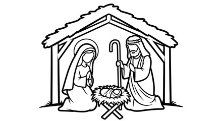 Nativity scene with mary joseph and baby jesus in a manger line art style illustration drawing design © Raquel