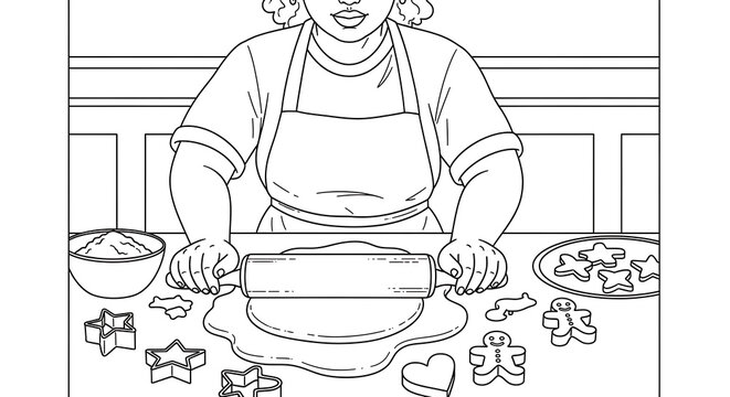 A woman in an apron rolls out dough with a rolling pin surrounded by cookie cutters and baked cookies