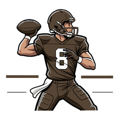 A cartoon illustration of an American football player in a brown uniform with number 8, preparing to throw the ball.