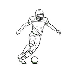 Line drawing of a football player kicking the ball on a white background.