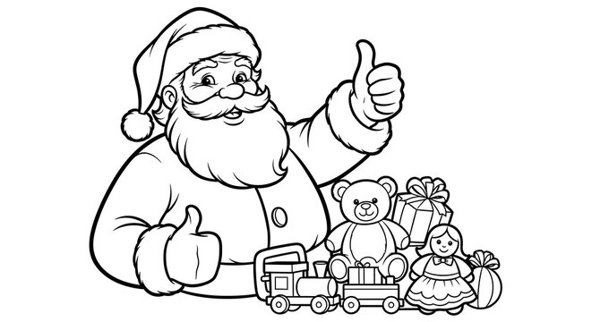 Santa claus giving thumbs up with gifts and toys in a black and white coloring book style illustration