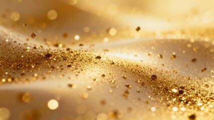 Golden glitter scattered on a soft, wavy surface with bokeh light effects