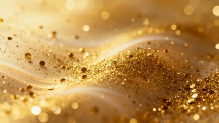 Golden glitter particles scattered across a wavy, reflective surface with soft bokeh lighting