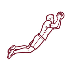A dynamic line drawing of a soccer goalkeeper diving to catch a ball.