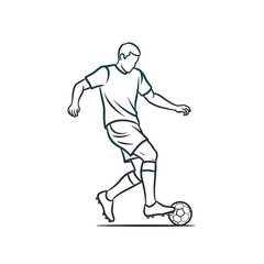 Line art drawing of a male soccer player dribbling a football, wearing a t-shirt, shorts, and cleats.