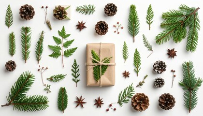 Gift, pine cones, evergreen spread flat on white backdrop