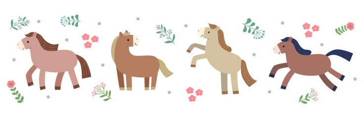 かわいい4匹の走る馬とシンプルな花のベクターイラストセット