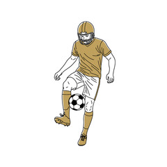 Line art illustration of a soccer player juggling a ball while wearing a helmet and uniform.