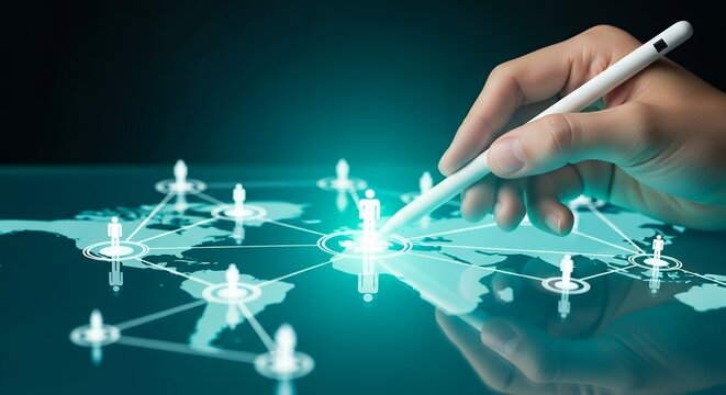 Global human network connection overlayed on world map with a hand interacting using a stylus people communication technology digital interaction data information business social concept - Powered by Adobe