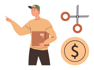 Young delivery person carrying a parcel with pointing gesture, scissors suggesting expense reduction, and dollar icon denoting financial planning. Ideal for delivery services, cost management