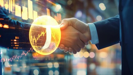 Two businessmen shake hands against a modern digital background, perfect for office or corporate use - Powered by Adobe