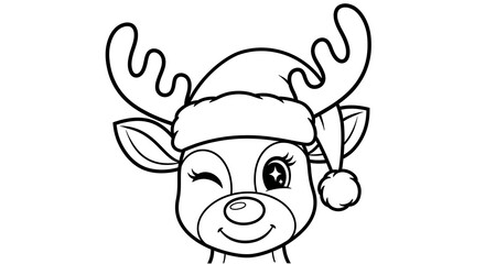 A christmas reindeer wearing a santa hat winking with one eye in a black and white line drawing style