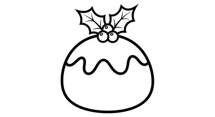 Illustration of a christmas pudding with holly and berries in black and white line art style
