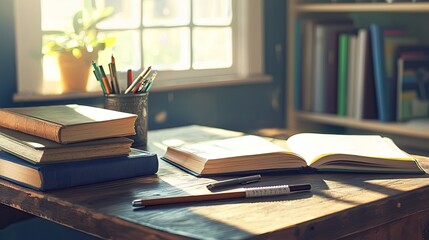 Cozy Study Space with Open Book and Stationery on Wooden Table